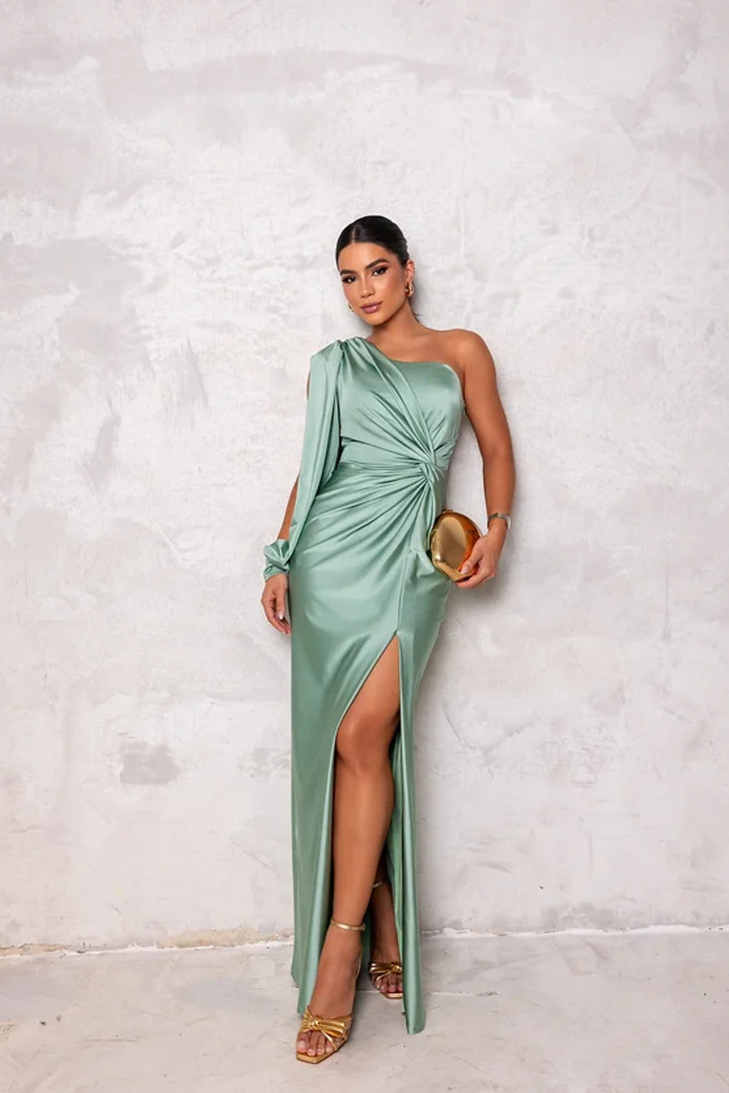 Sage green one-shoulder satin maxi dress with draped twist and thigh slit