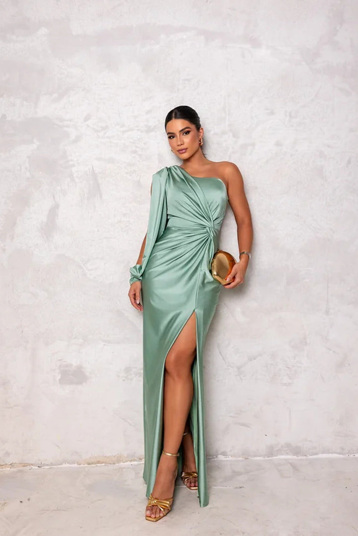 Sage green one-shoulder satin maxi dress with draped twist and thigh slit