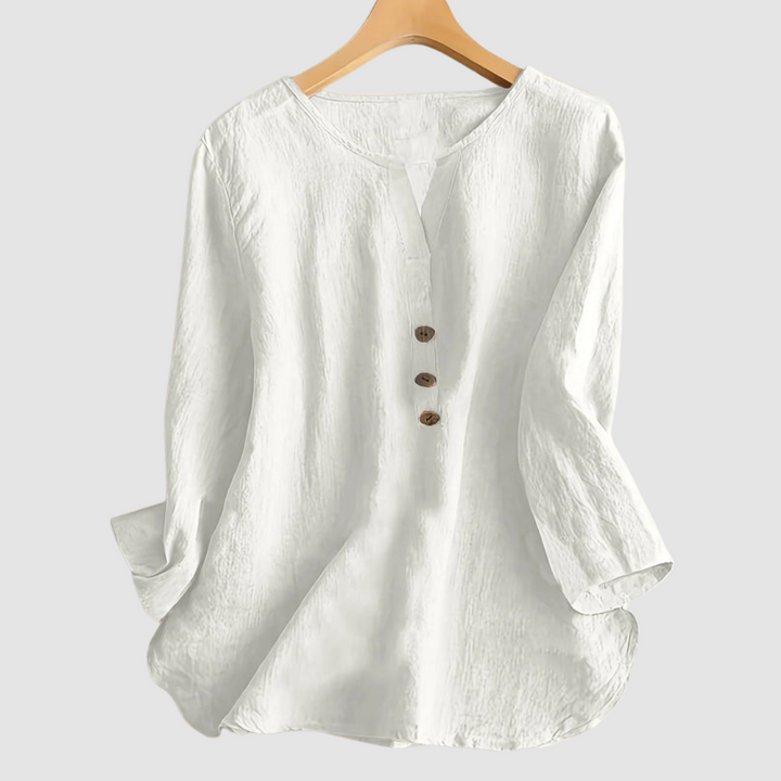 Melisa™ casual cotton-linen blouse, white front with wooden-look buttons and 3/4 sleeves