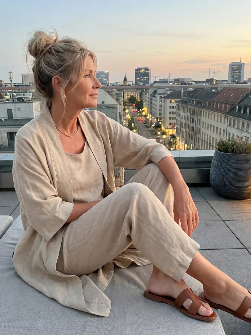 Lorrin™ elegant set in beige: draped short-sleeve outer with matching wide-leg pants