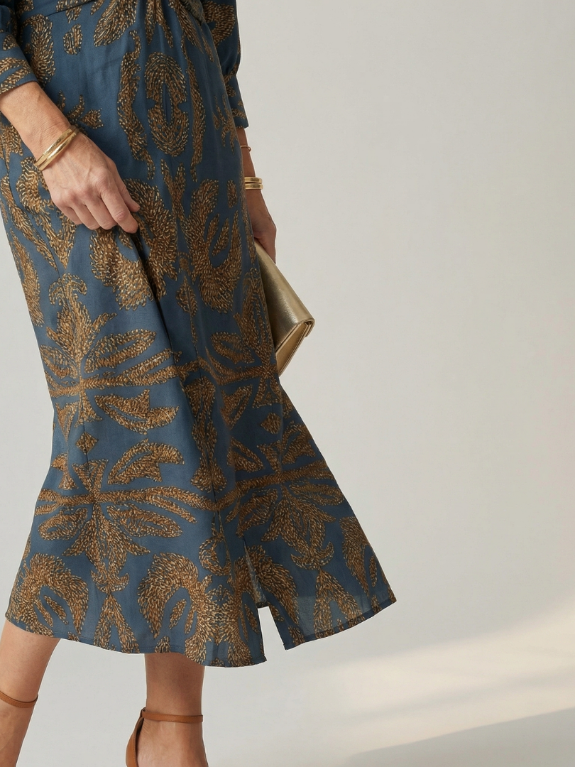 Natural wrap midi dress in dark blue with gold floral pattern