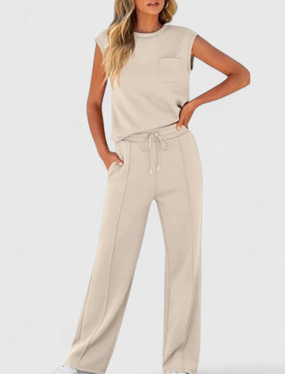 Cream sleeveless top and drawstring wide-leg pants set