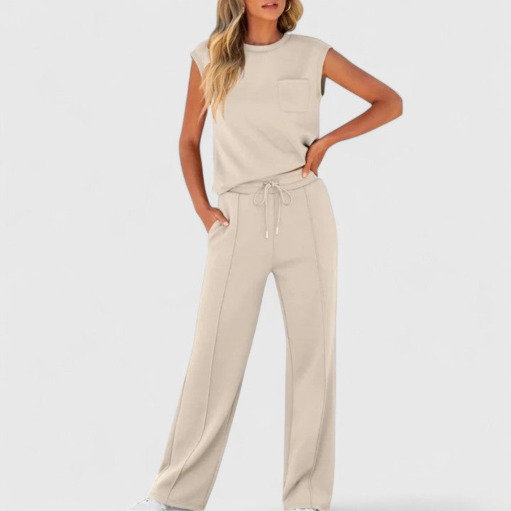 Cream sleeveless top and drawstring wide-leg pants set