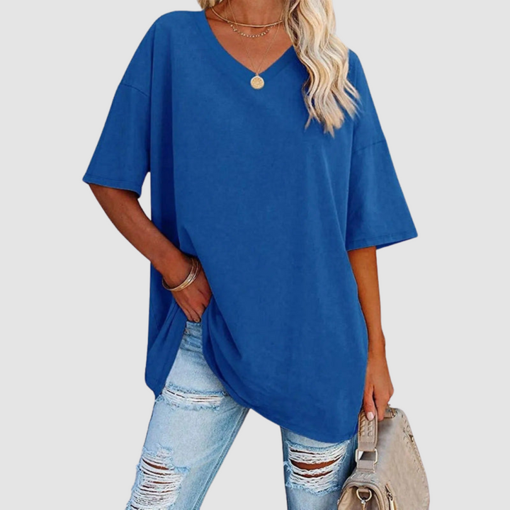 Blue V-neck T-shirt with short sleeves, relaxed fit, draped side hem slit.