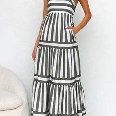 Black and white striped tiered maxi dress with spaghetti straps