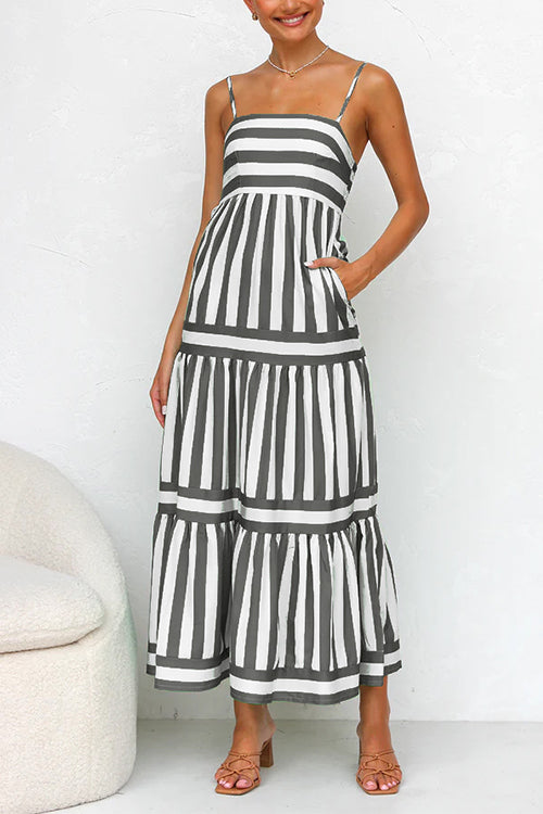 Black and white striped tiered maxi dress with spaghetti straps