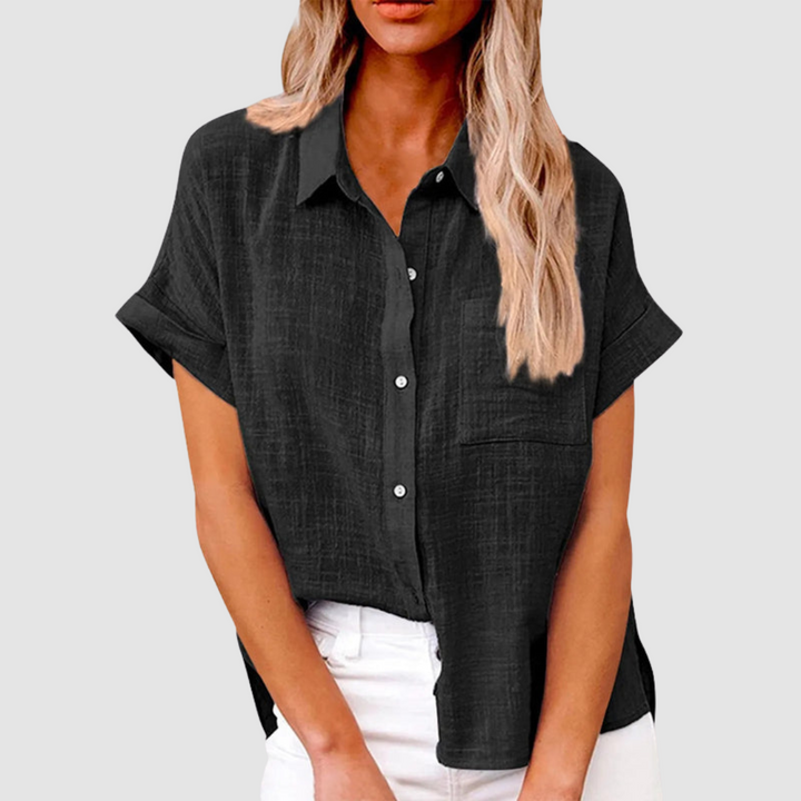 Black button-front short-sleeve blouse with point collar and chest pocket