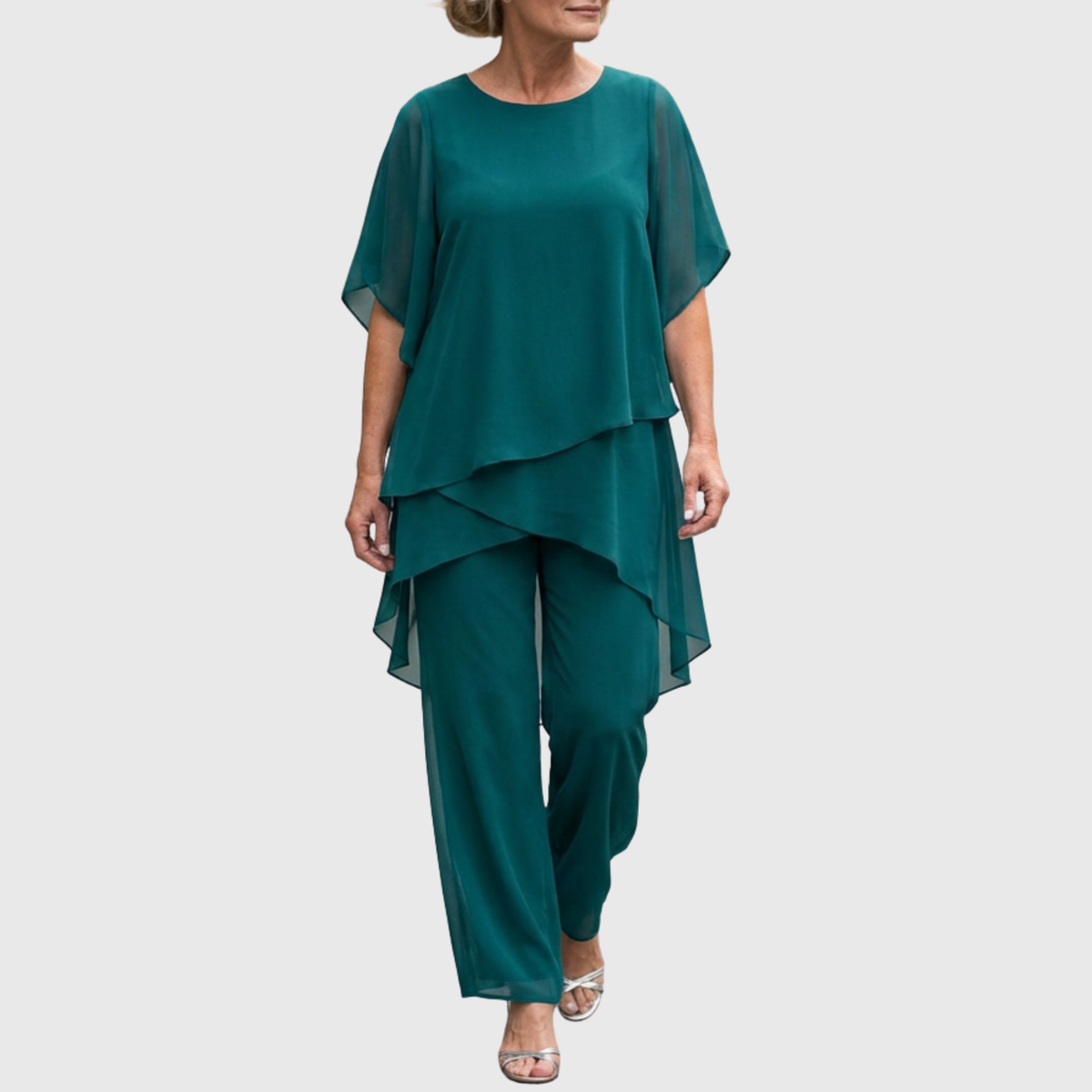 Deep teal palazzo set with tiered overlay top and wide-leg trousers