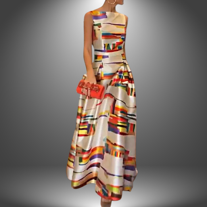 Champagne abstract print sleeveless long dress, square neckline, flared skirt