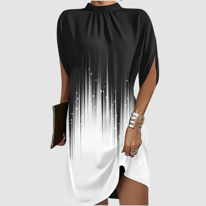 Black and white gradient short sleeve dress with high gathered neckline and side slit