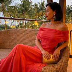 Red off-shoulder draped midi dress with gathered neckline and short sleeves
