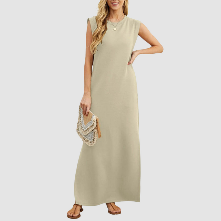Beige sleeveless maxi dress with round neckline and small button detail