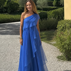 Tracey™ blue one-shoulder tiered maxi dress with flowing chiffon layers