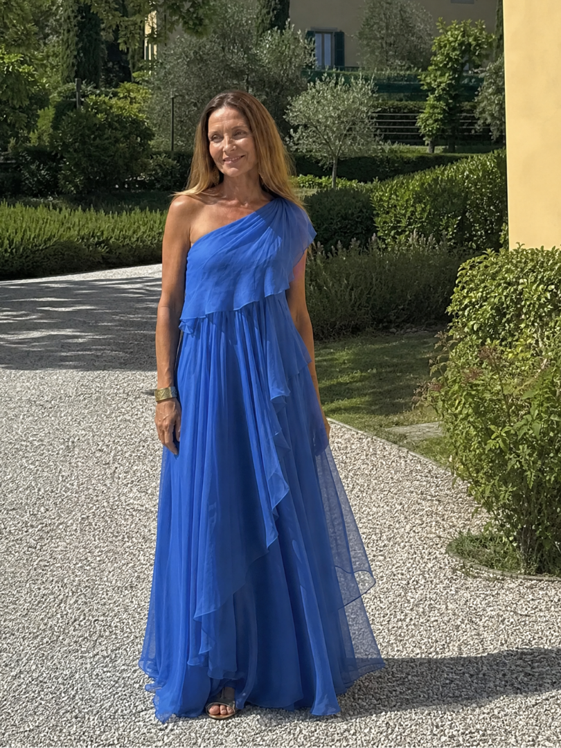 Tracey™ blue one-shoulder tiered maxi dress with flowing chiffon layers