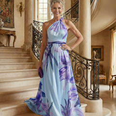 Light floral halter maxi dress with blue and purple floral print