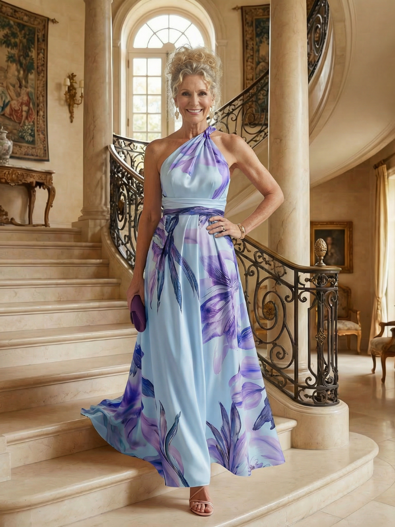 Light floral halter maxi dress with blue and purple floral print
