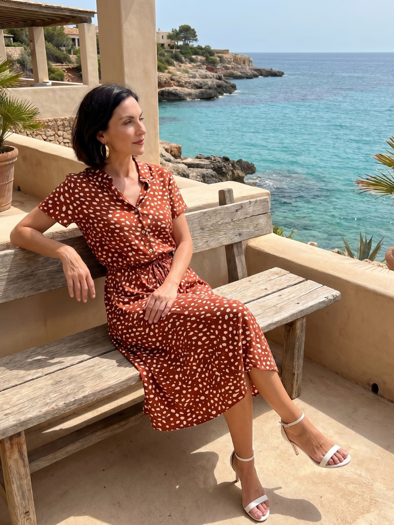 Red printed button-front belted midi dress sitting with short sleeves