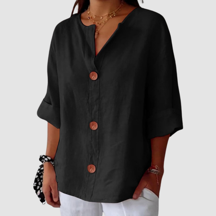 Casual linen blouse in black with V-neck, button front, and short sleeves