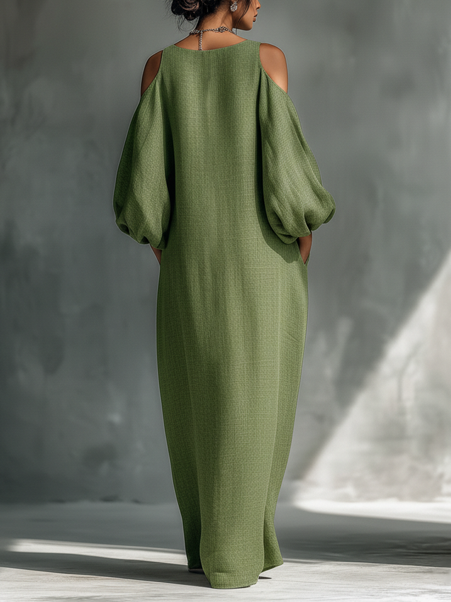 Olive green maxi dress back view with open shoulders and gathered balloon sleeves