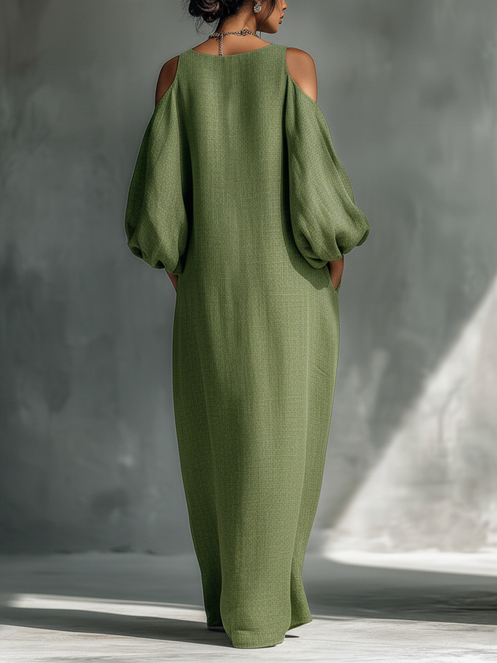 Olive green maxi dress back view with open shoulders and gathered balloon sleeves