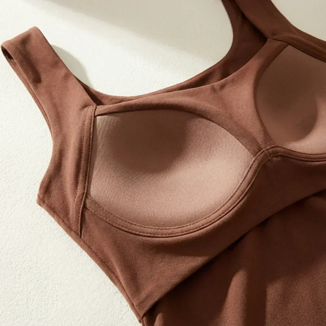 Brown built-in comfort bra tank top close-up of padded cups and side panel