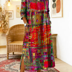 Multicolor patchwork ethnic dress with 3/4 sleeves and round neckline, side slit