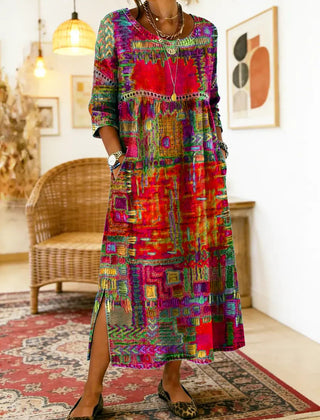 Multicolor patchwork ethnic dress with 3/4 sleeves and round neckline, side slit