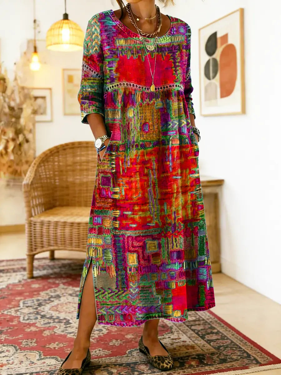 Multicolor patchwork ethnic dress with 3/4 sleeves and round neckline, side slit