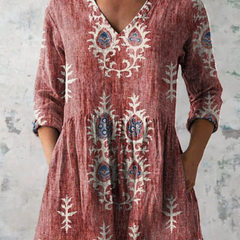 Red long-sleeve V-neck embroidered blouse with gathered waist and paisley-like folk motifs