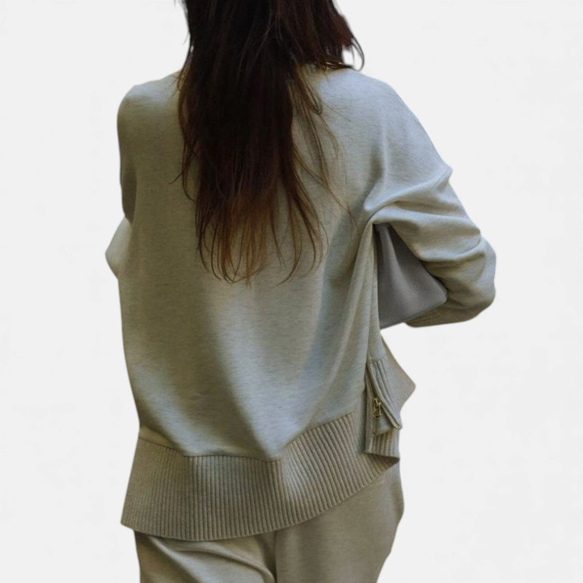 Women's light grey knit lounge set, crewneck sweater and matching pants