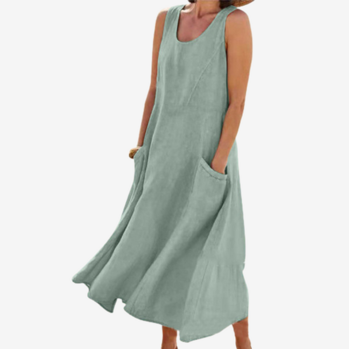 Sleeveless midi casual dress in teal with scoop neck and side pocket