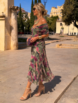 Lydia Off Shoulder maxi dress, multicolor floral print, off-shoulder draped bodice and maxi skirt