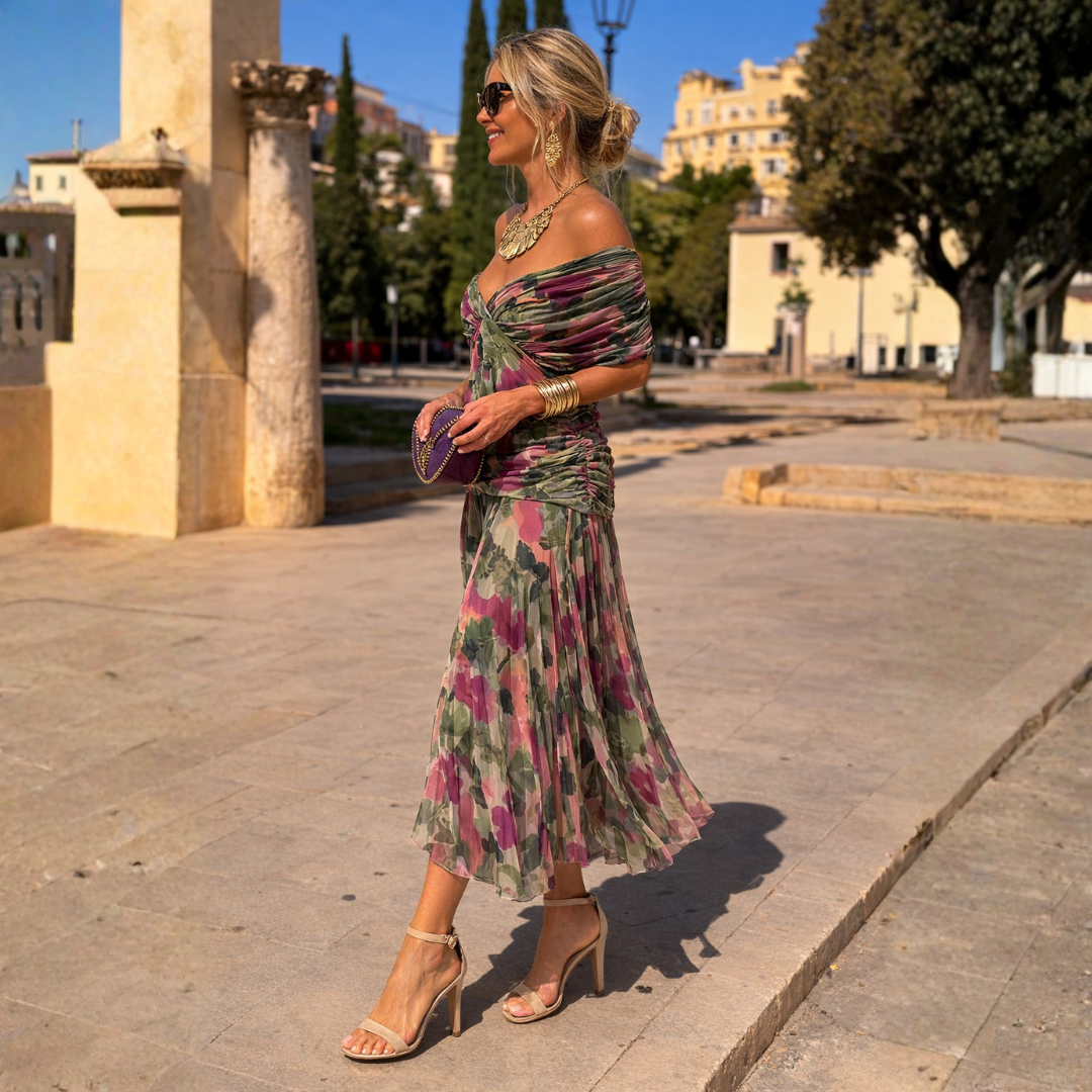 Lydia Off Shoulder maxi dress, multicolor floral print, off-shoulder draped bodice and maxi skirt