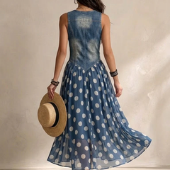Back view of blue denim sleeveless dress with polka-dot chiffon skirt