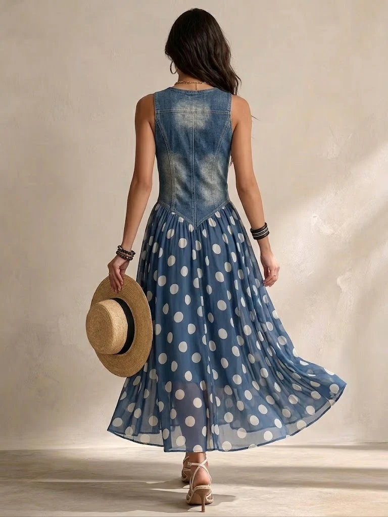 Back view of blue denim sleeveless dress with polka-dot chiffon skirt