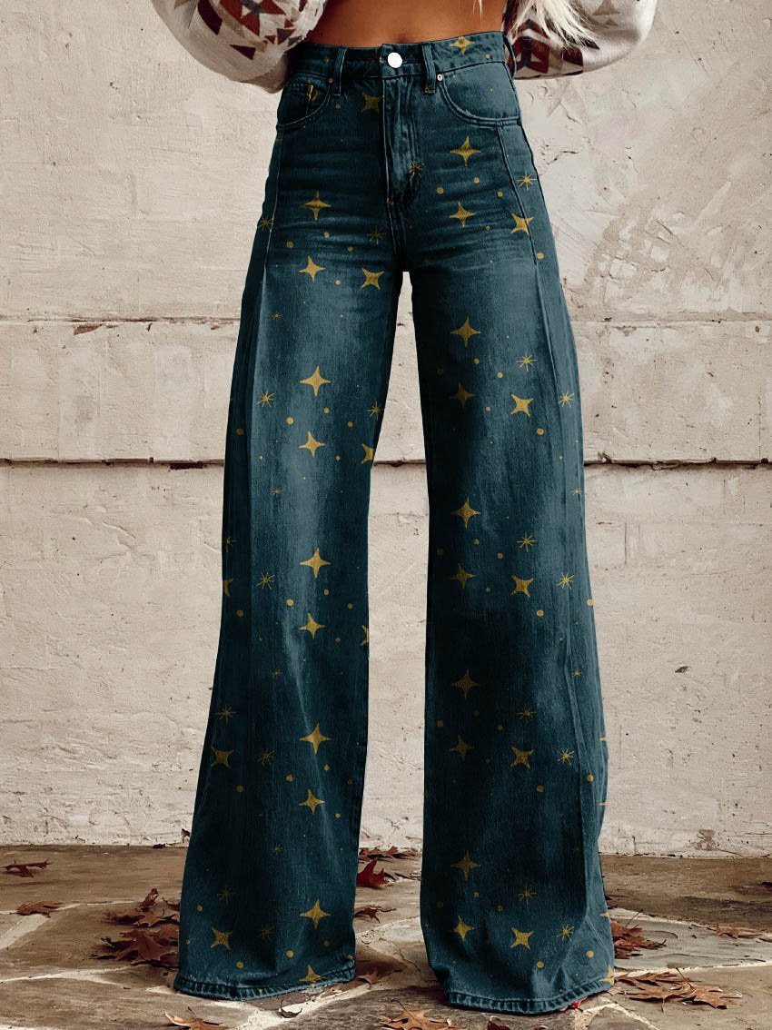 Dark denim boho vintage jeans, wide-leg with gold star pattern and button front