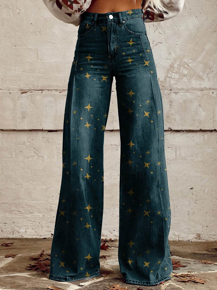 Dark denim boho vintage jeans, wide-leg with gold star pattern and button front