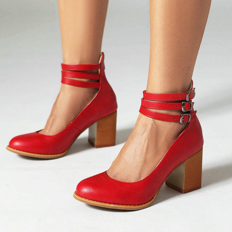 Red triple-buckle ankle strap heels with square toe and block heel