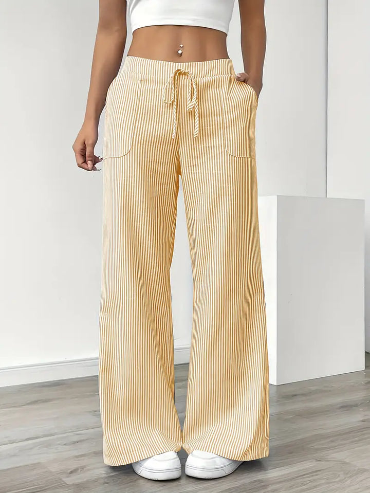 Elise™ yellow pinstripe wide-leg pants, elastic waist and drawstring, front pockets