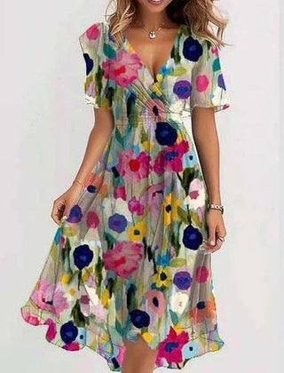 Multicolor floral summer dress with V-neck, short sleeves, gathered waist, flared midi skirt