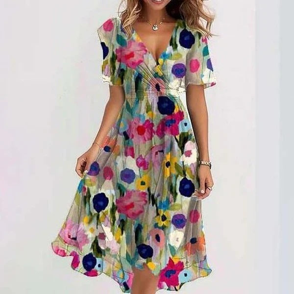 Multicolor floral summer dress with V-neck, short sleeves, gathered waist, flared midi skirt