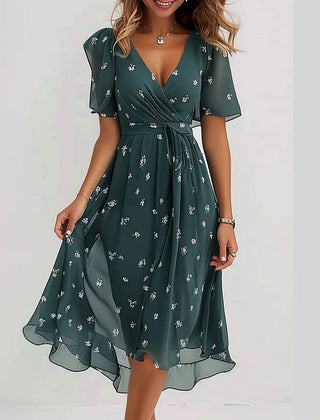 Dark green floral summer dress with white print, V-neck, short sleeves, gathered midi skirt
