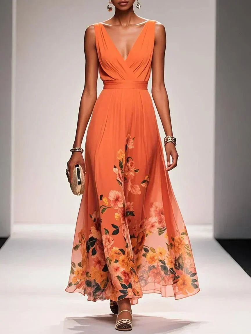 Orange sleeveless V-neck floral dress with gathered waist and flowing midi skirt