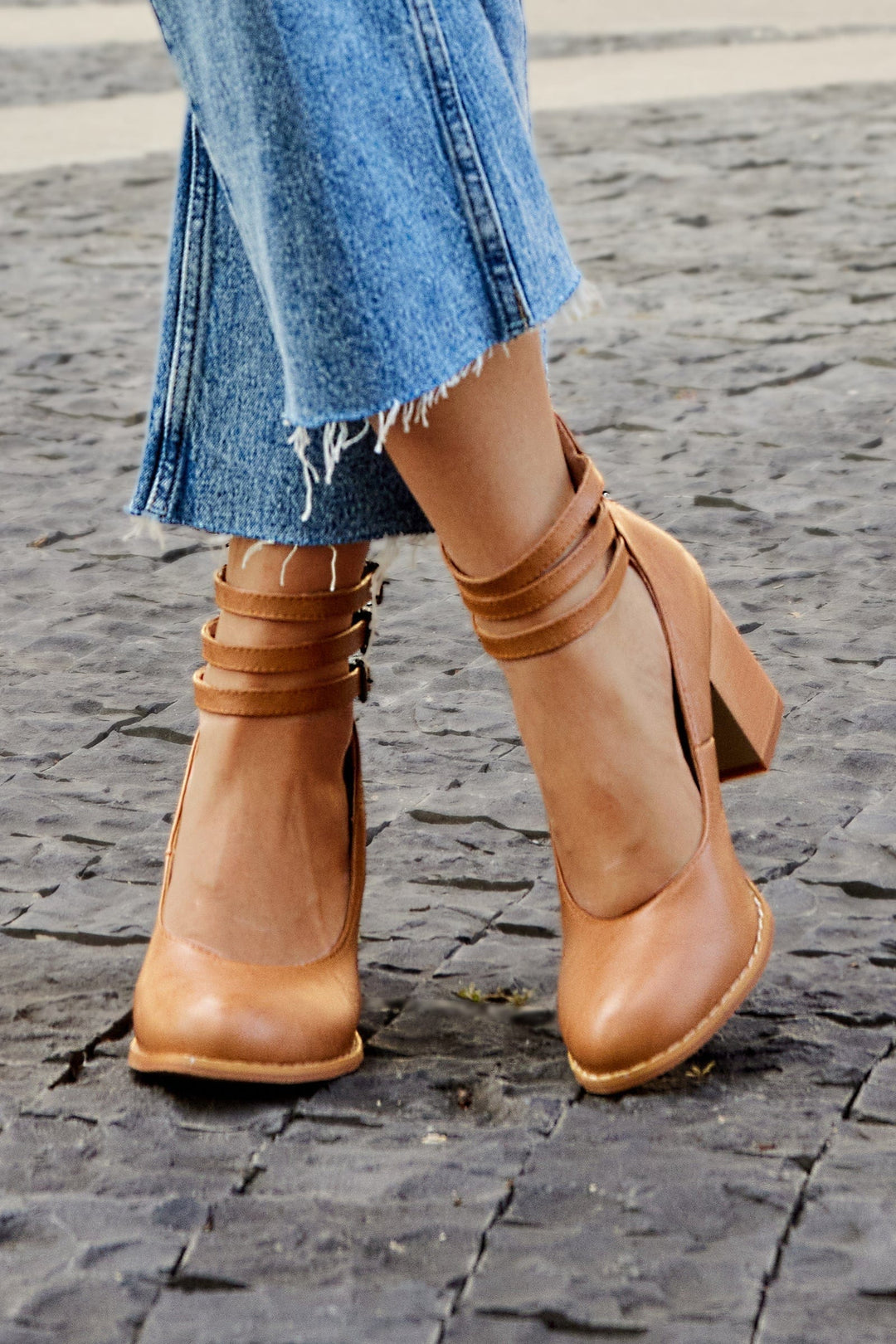 Kallie triple buckle ankle heels in tan brown with three stacked straps and block heel