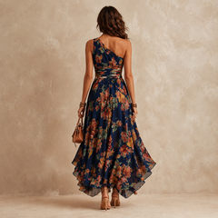 Navy floral one-shoulder maxi dress, open back, ruched waist, sheer layered hem