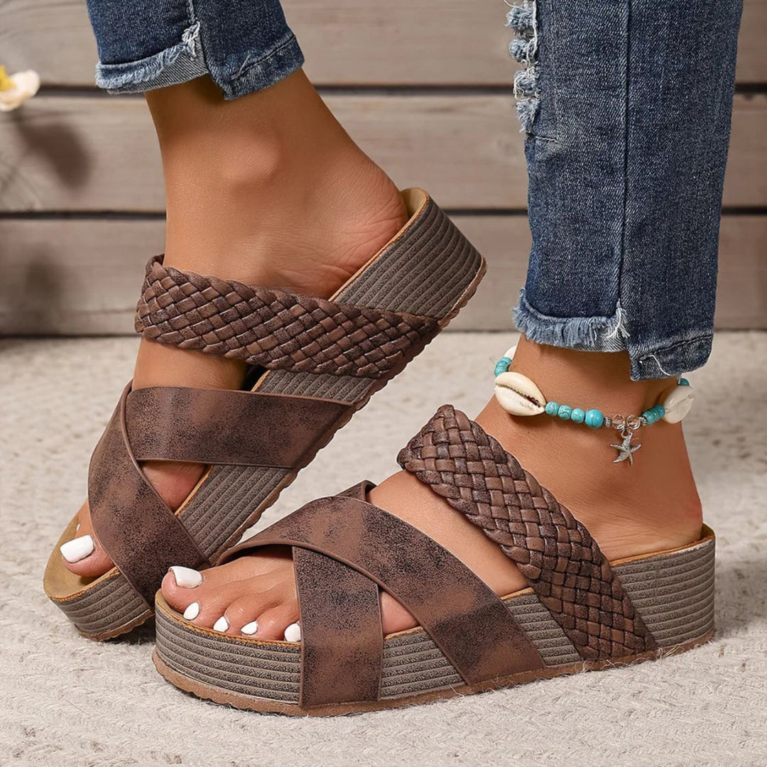 Brown woven strap orthopedic leather wedge sandals with open-toe design
