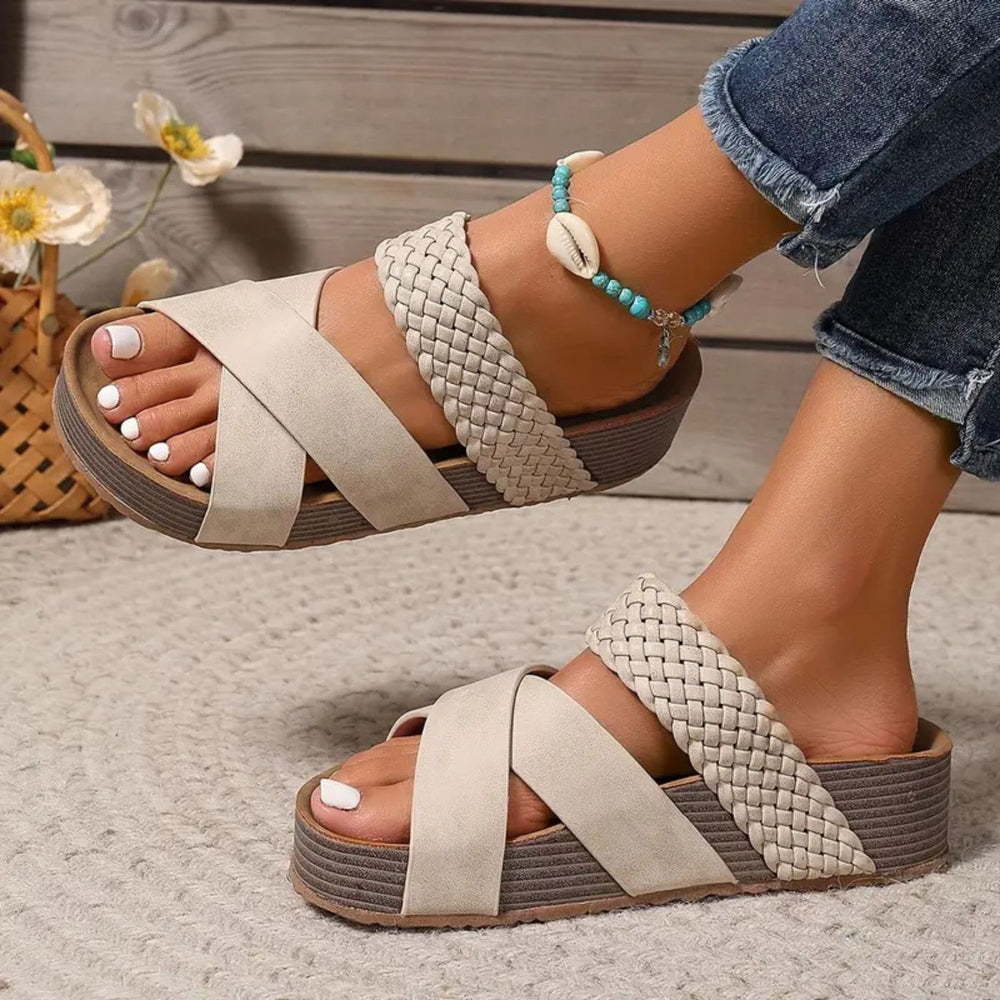 Beige woven strap orthopedic leather wedge sandals with crisscross open-toe style