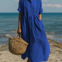 Blue collared button dress with short sleeves and gathered waist