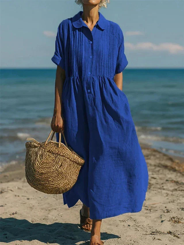 Blue collared button dress with short sleeves and gathered waist
