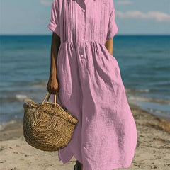 Dusty rose collared button dress with short sleeves and gathered waist